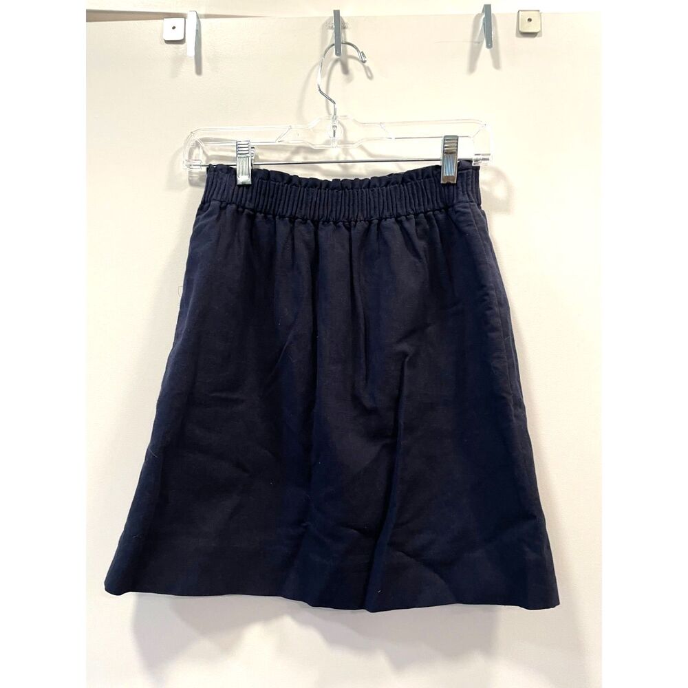 J Crew EUC City Skirt Linen Cotton Size 0 Navy Short Elastic Waist Summer